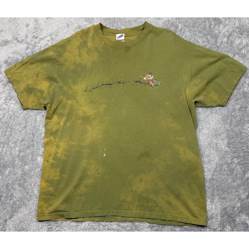 Vintage 1999 Warner Bros Tasmanian Devil Taz Shirt XL Green Lawn Mower Thrashed